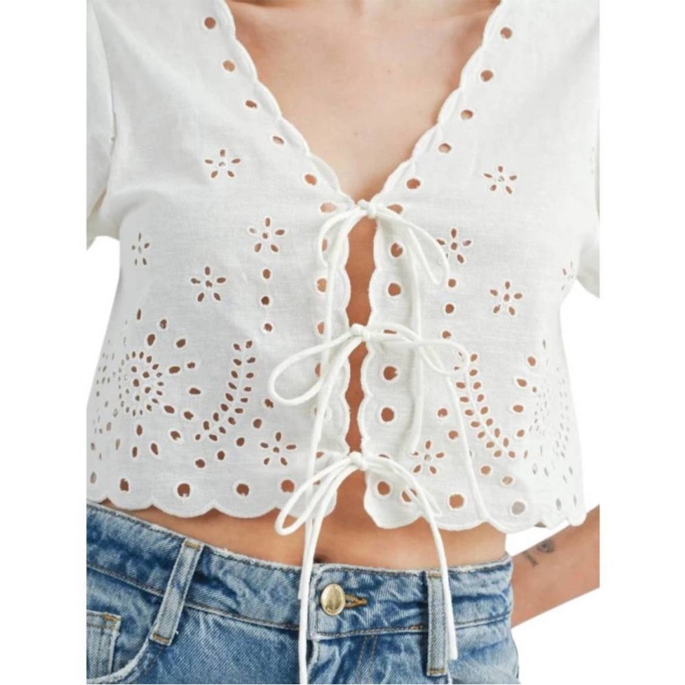 Mable Janelle White Eyelet Lace-Up Cropped Top